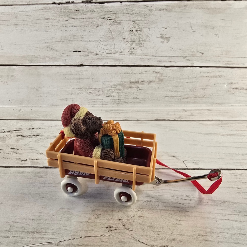 Radio Flyer Christmas Ornament Bear in Red Wagon with Gift Holiday Decor
